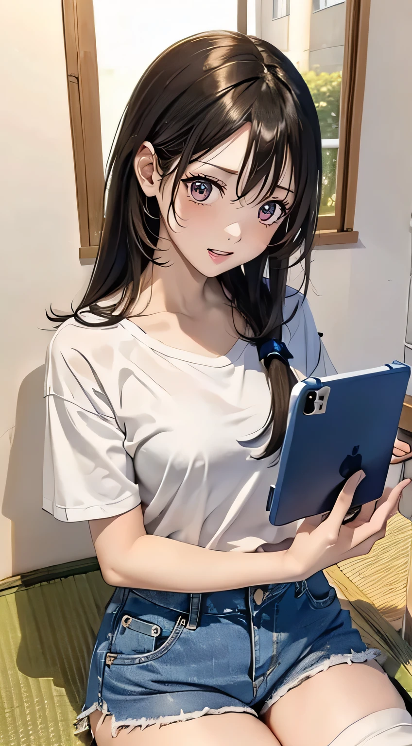 Upper body shot of a surprised young Japanese girl having a ((smartphone)) and looking at the smartphone. The light from the screen is reflecting on her face, highlighting her expression of astonishment. the girl with long black hair, (ample breasts). wearing a ((short-sleeved white T-shirt and denim shorts)).