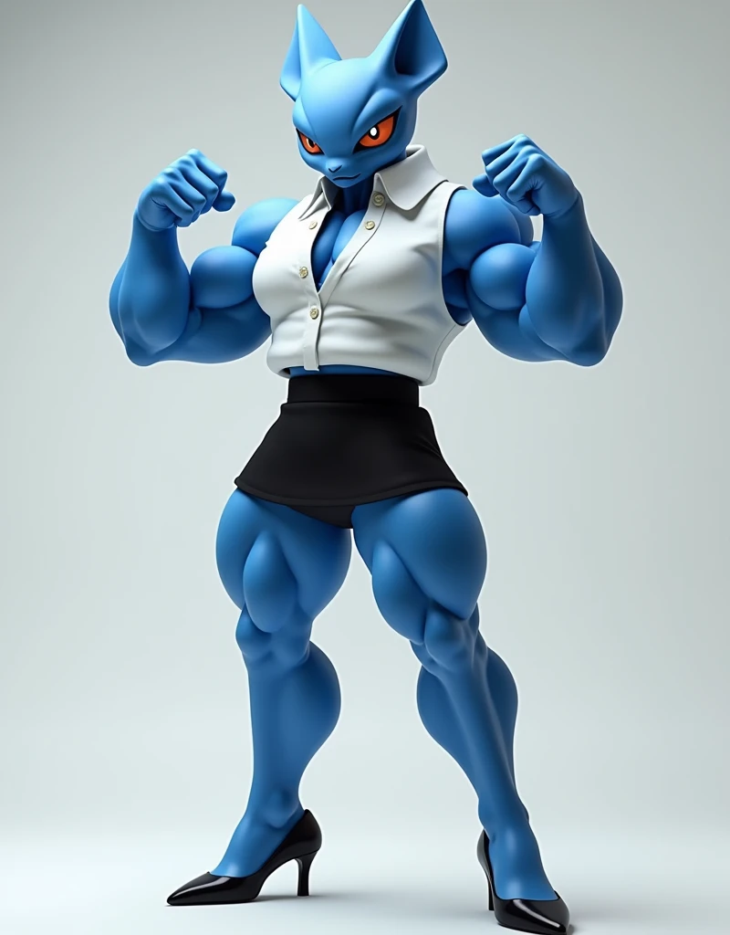 Male machoke with white blouse and black miniskirt, he is wearing a black high-heels, flexing his muscles. HE IS A BLUE POKEMON. Full body.