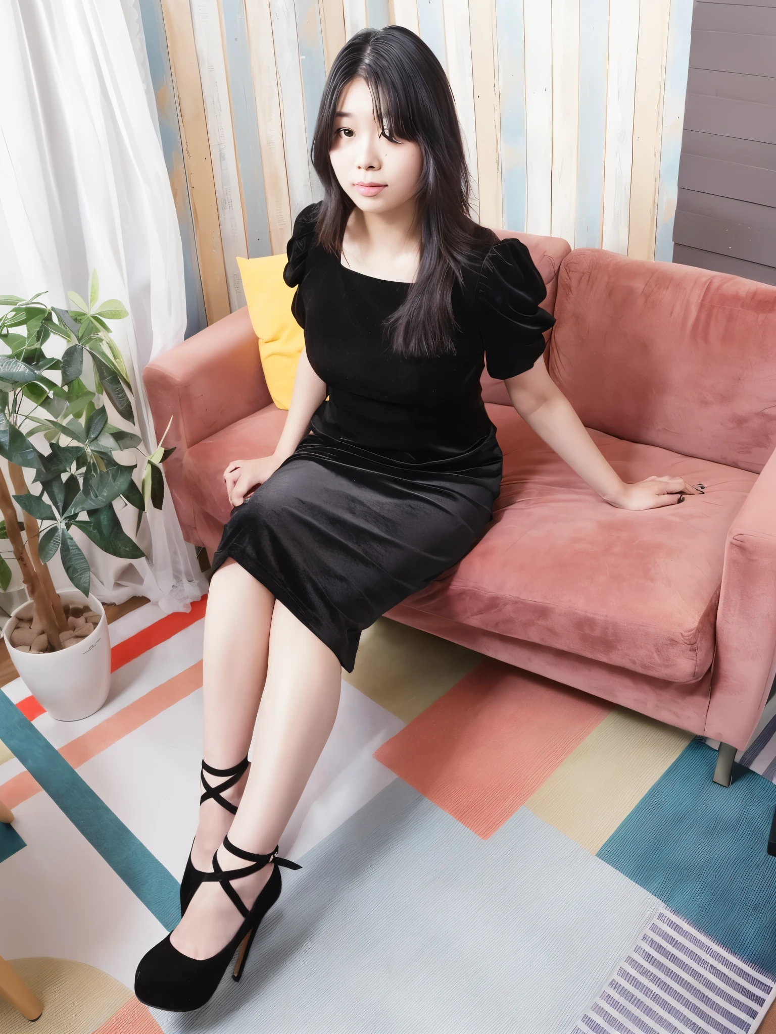 there is a woman sitting on a couch in a room, taken with canon 8 0 d, taken with canon eos 5 d, taken with canon eos 5 d mark iv, taken with a canon eos 5d, taken with a canon eos 5 d, she is wearing a black dress, taken with canon 5d mk4, captured on canon eos r 6