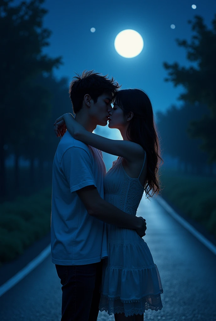 One girl and one boy lip deeply on road