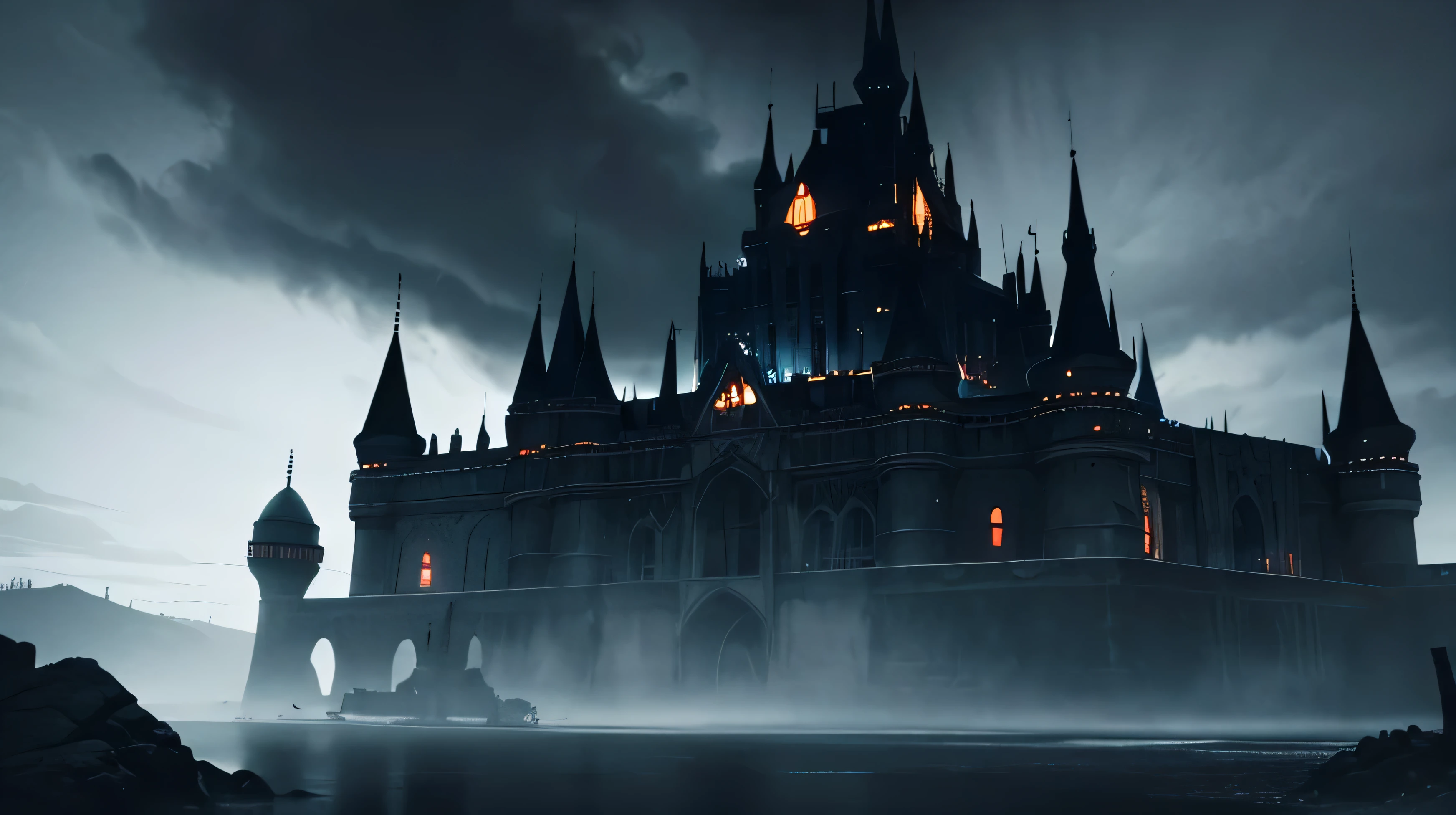 "A dramatic and foreboding scene depicting the entire Hyrule Castle engulfed by dark, ominous forces. The focus is on the castle, now shrouded in an aura of dark energy and malevolence.

The castle is covered in swirling shadows and tendrils of dark mist that seem to seep from every crevice and tower. The once majestic and grand architecture is now partially obscured by a pulsating, dark aura, giving the appearance of the castle being consumed by an otherworldly force. The dark energy radiates outwards, casting an eerie, sinister glow over the entire structure.

The sky above is a turbulent mix of dark clouds and swirling storm patterns, with occasional flashes of lightning illuminating the darkened scene. The air around the castle is thick with dark, crackling energy that seems to distort and warp the light, enhancing the sense of dread and impending doom.

The atmosphere is one of utter darkness and despair, with the once bright and proud Hyrule Castle now a menacing fortress dominated by dark forces. The scene captures the overwhelming power of the dark energy, enveloping the entire castle and transforming it into a beacon of malevolence."