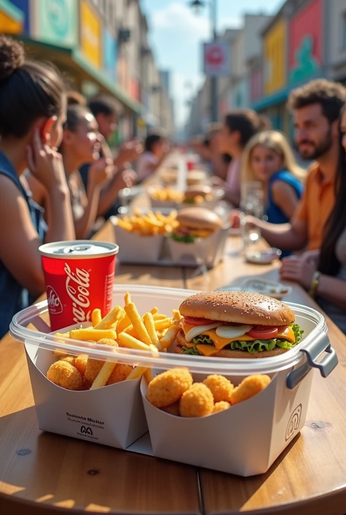 Créer moi une marque de nourriture qui s'appelle : Smart-food, ils servent leurs clients de la nourriture dans des conteneurs rectangulaire ou carré, transparent en plastique, avec des bords arrondis et une poignée grise au dessus de la boite, a l'intérieur de cette boite, se trouve de plus petites boites individuelles, chacune de ces petites boites contiennent : 1 Burger, des frites, des nuggets, 1 Coca-Cola et un McFlurry, chaqun de ces aliments doivent au moins etre present sur l'image, et doit etre visible,