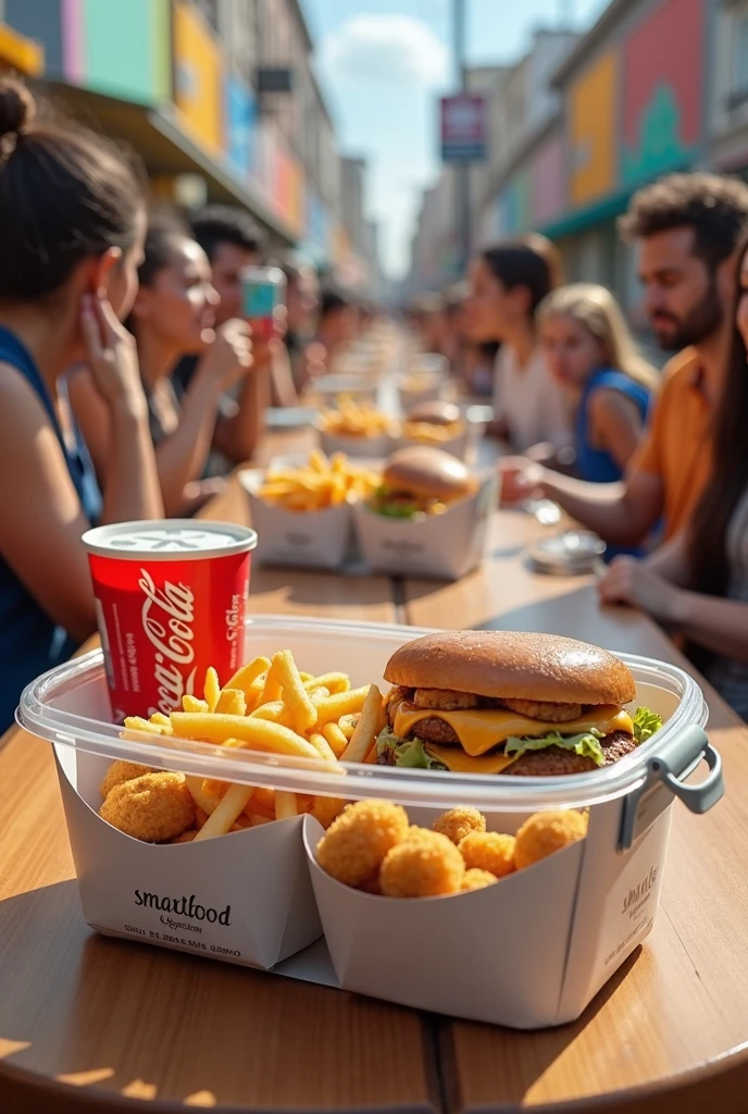 Créer moi une marque de nourriture qui s'appelle : Smart-food, ils servent leurs clients de la nourriture dans des conteneurs rectangulaire ou carré, transparent en plastique, avec des bords arrondis et une poignée grise au dessus de la boite, a l'intérieur de cette boite, se trouve de plus petites boites individuelles, chacune de ces petites boites contiennent : 1 Burger, des frites, des nuggets, 1 Coca-Cola et un McFlurry, chaqun de ces aliments doivent au moins etre present sur l'image, et doit etre visible,