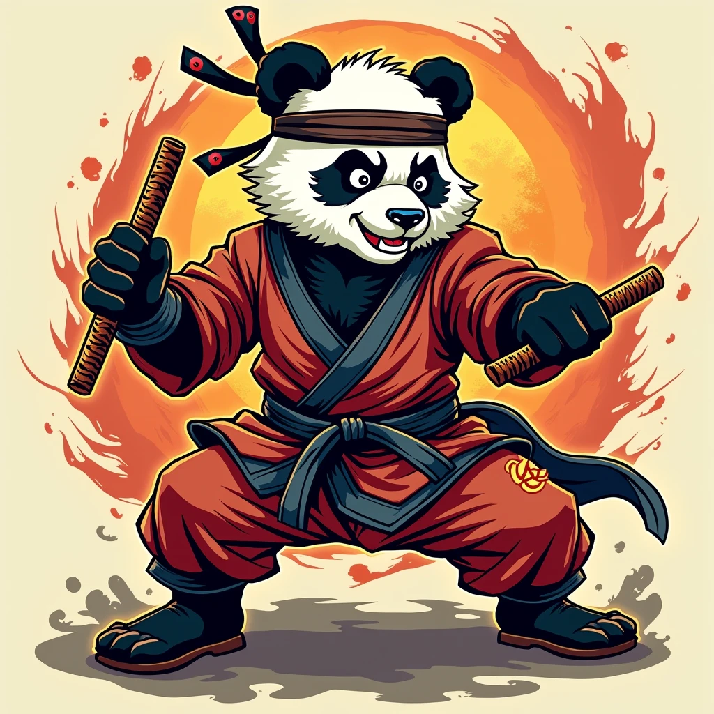 Vector design of attractive and dynamic cartoon panda, dressed as a martial artist and holding nunchaku, ready to fight. The anthropomorphic panda martial artist, known as Warrior Pandamonium, has a detailed and intricate outfit, including a martial arts uniform and headband, and uses nunchaku. The character designs are highly detailed and decorated with a bold color palette. The overall atmosphere is energetic, powerful and full of energy, perfect for a T-shirt design. The background features martial arts style vectors, contours, and transparent options that add a dynamic atmosphere.