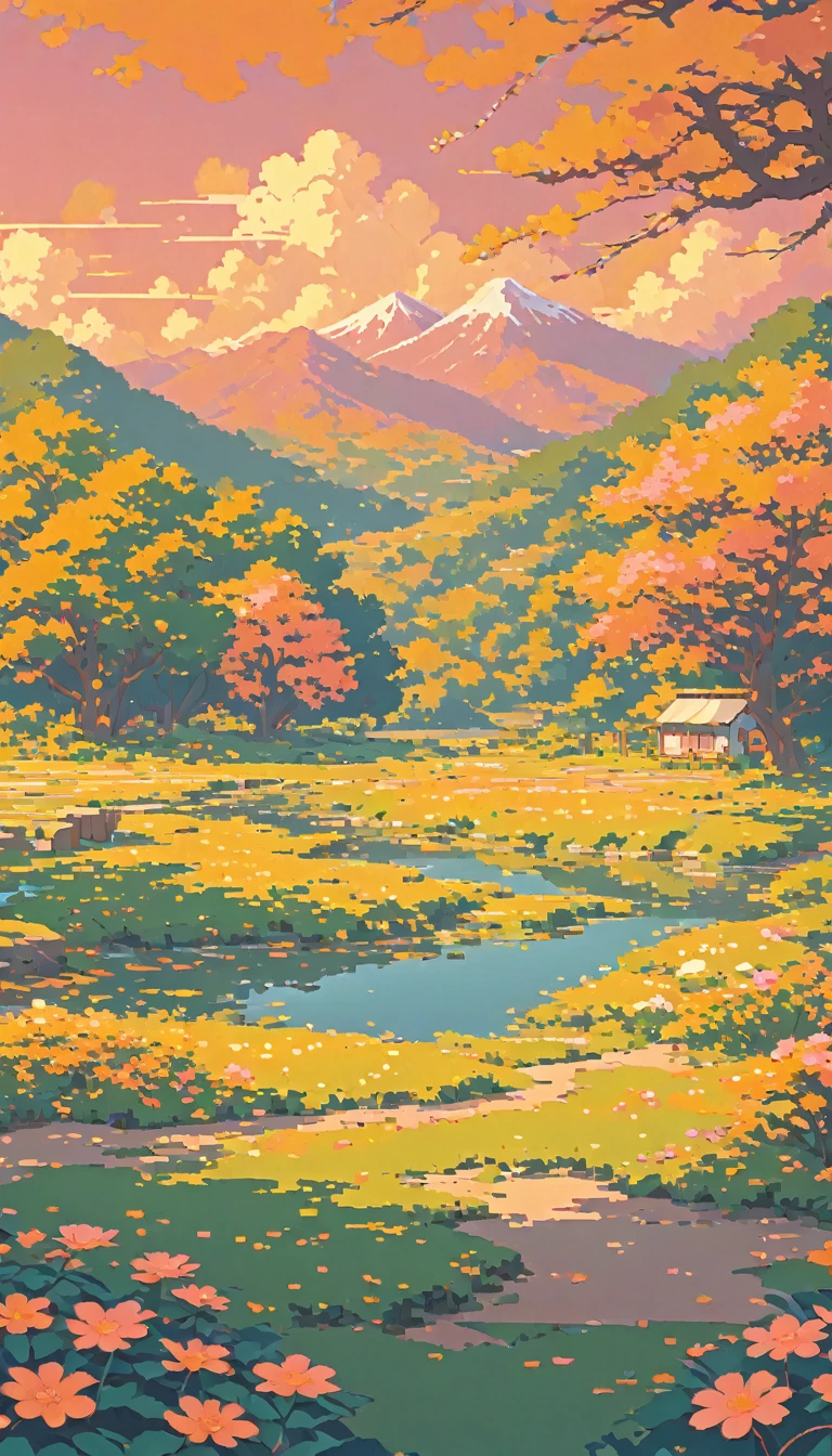 nature ultrawide landscape lofi pixel, No people ,Cozy,Orange Pink