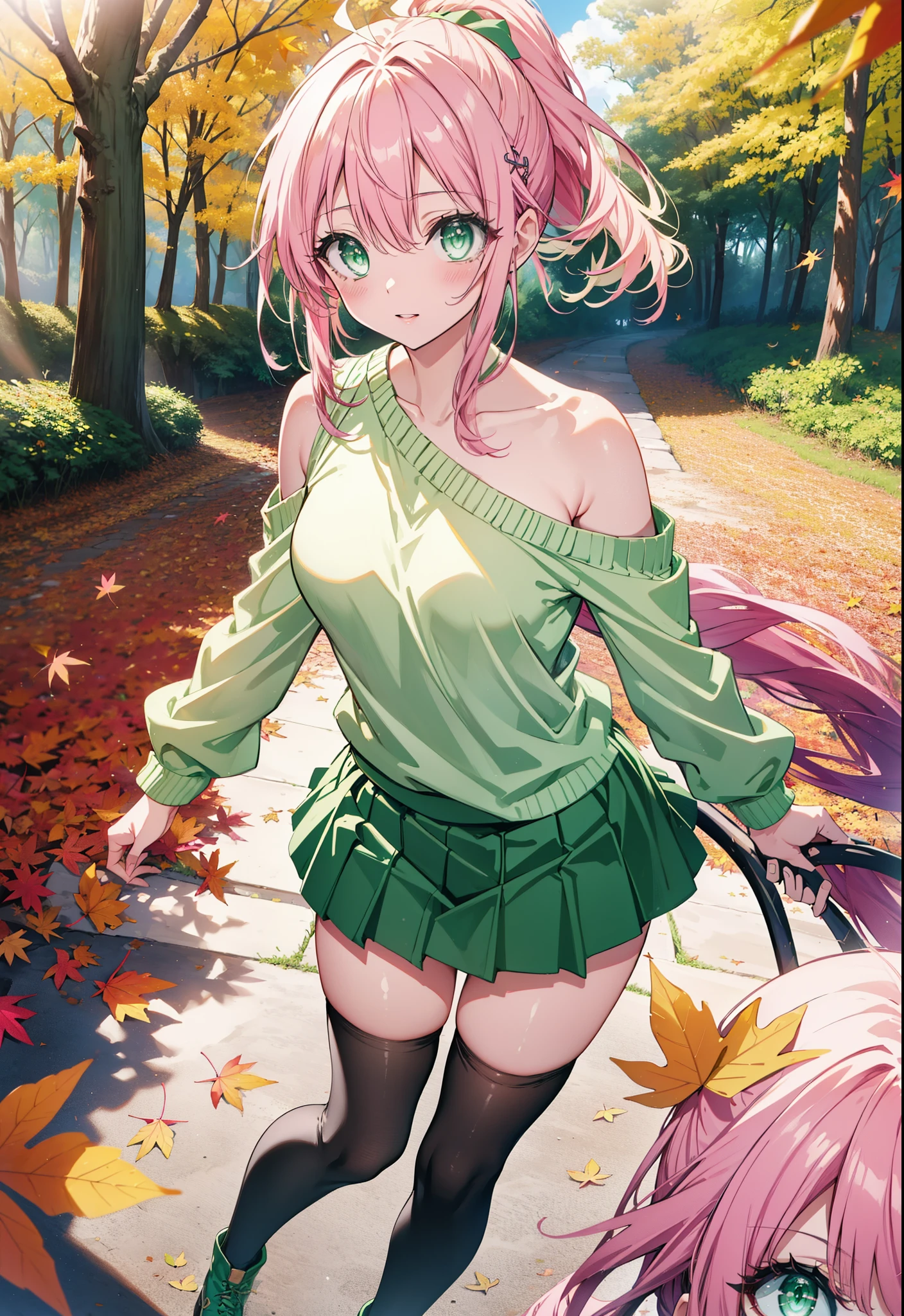 The image is of a beautiful woman wearing a tight fitting uniform. The woman has long flowing pink hair with strands of braided hair tied with red ribbon throughout. She has gorgeous green eyes that shine like emeralds. Her face is youthful and gorgeous. Her breasts are ample and seem too large for her uniform. She is short in height but well developed -a short stack. She blushes as you look at her. She's standing in an autumnal forest near a serene body of water. It's night time and a full moon lights the scene. A gentle breeze suspends fallen autumn leaves around her and lifts up her skirt revealing her blue and white striped panties. The image is ultra detailed with gorgeous colors, perfect line work, and detailed shading. The image really portrays the sexiness of the character. YasogamiFemaleWinter, black shirt, long sleeves, black sailor collar, yellow neckerchief, grey skirt, black thighhighs, autumn, serene water, lifted skirt, panty reveal, night time, gentle breeze,