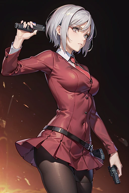 Highest quality、Ultra HD、One Woman、(Silver short hair)、(Red blazer 1.3)、(Red tie)、(shirt)、(Red Heel 1.1)、((Red Mini Tight Skirt))、((Black tights 1.2))、((Shooting with a gun in each hand.5))、Stylish、Beautiful Faces、(Black belt 1.2)、2 female、Glamorous Body、(Sunset slum background 1.2)、((A clear and beautiful touch))
