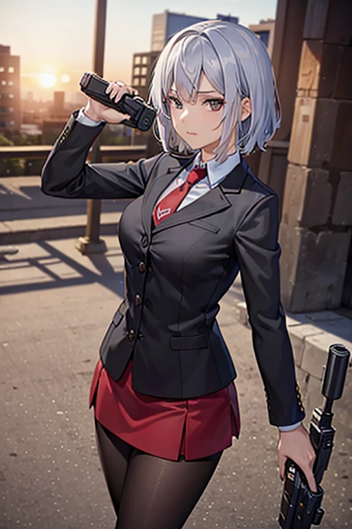 Highest quality、Ultra HD、One Woman、(Silver short hair)、(Red blazer 1.3)、(Red tie)、(shirt)、(Red Heel 1.1)、((Red Mini Tight Skirt))、((Black tights 1.2))、((Shooting with a gun in each hand.5))、Stylish、Beautiful Faces、(Black belt 1.2)、2 female、Glamorous Body、(Sunset slum background 1.2)、((A clear and beautiful touch))