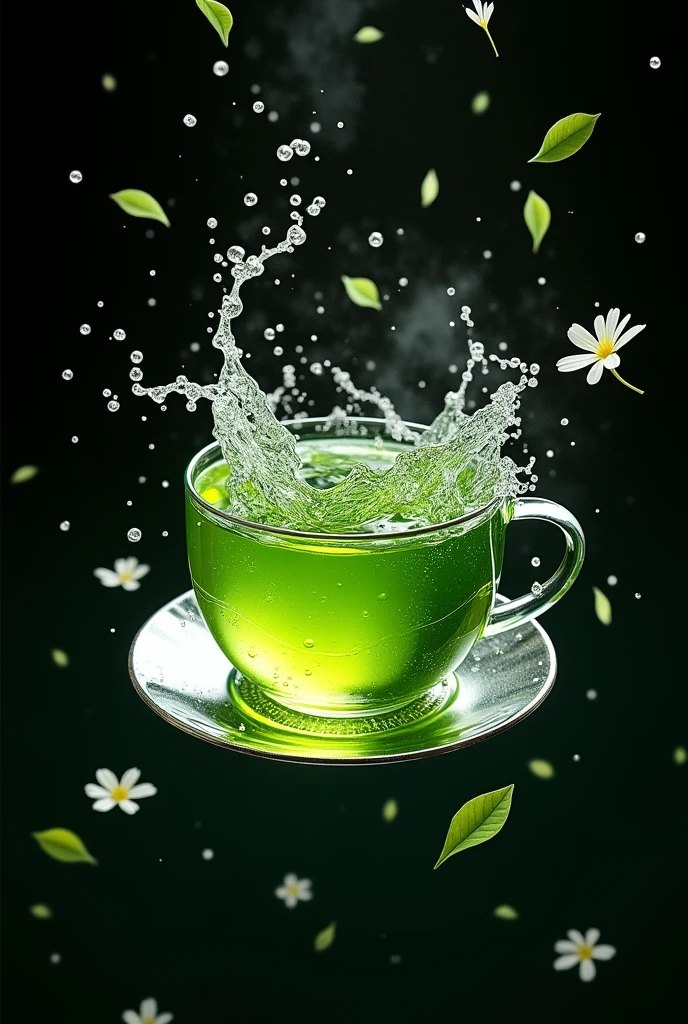 Product Design,(Green tea seen from above:1.5),Drinks from the sky,Clear green tea,Silver edge bowl,Transparency、Sense of luxury,A spectacular water splash,Black background,Surrounded by leaves and flowers,Leaves flutter,The water surface splashes violently,steampunk、Light green、It is in a silver teapot,leaves dancing in the air