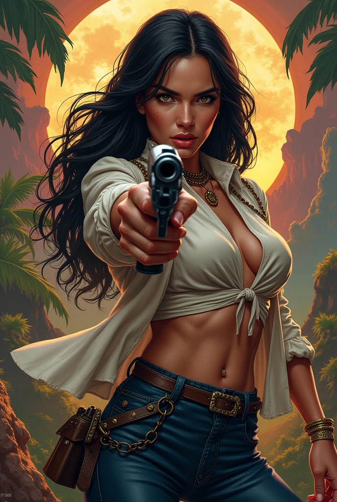 a woman holding a gun, in the style of womancore, exotic realism,