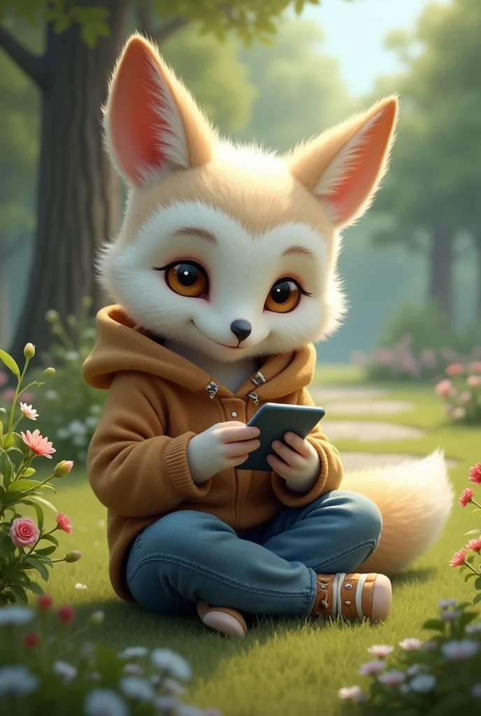 An anthropomorphic Arctic fox-owl hybrid Tyto alba in casual clothing sitting in a park while using a mobile phone