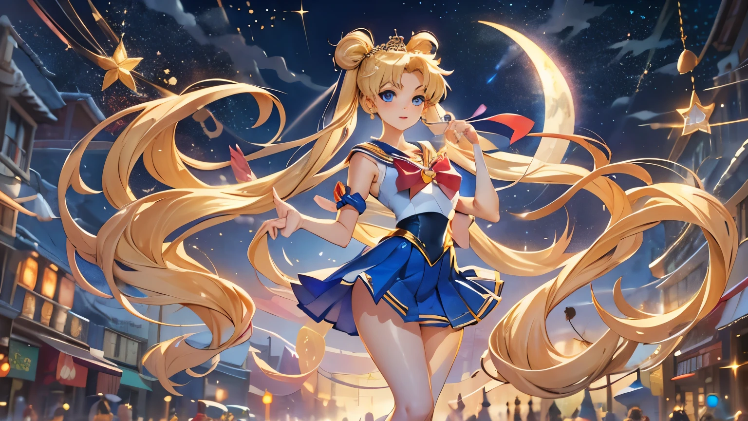 Draw Sailor Moon in her signature sailor suit, including the golden tiara, the red bow on the chest and the blue skirt. Make sure to include her long blonde hair in two pigtails with crescent moon decorations. The pose must be dynamic, as if in the middle of a magical transformation, with light effects and flashes around. The background can be a starry sky or a nighttime urban scene..
