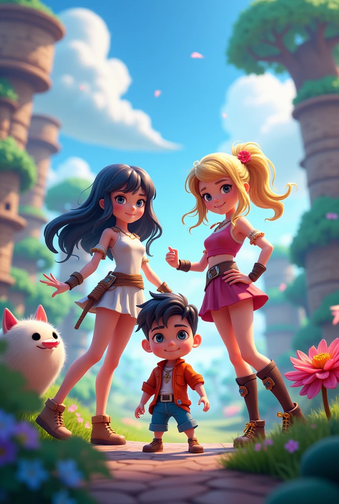 4k,Create 3d poster ,2 3d girl,1 warrior boy, furry character, add text Greenway Animation Studio