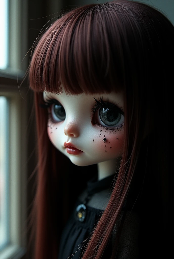 create a blythe doll with dark black eyes, straight dark reddish hair, long eyelashes, a piercing on the left eyebrow.