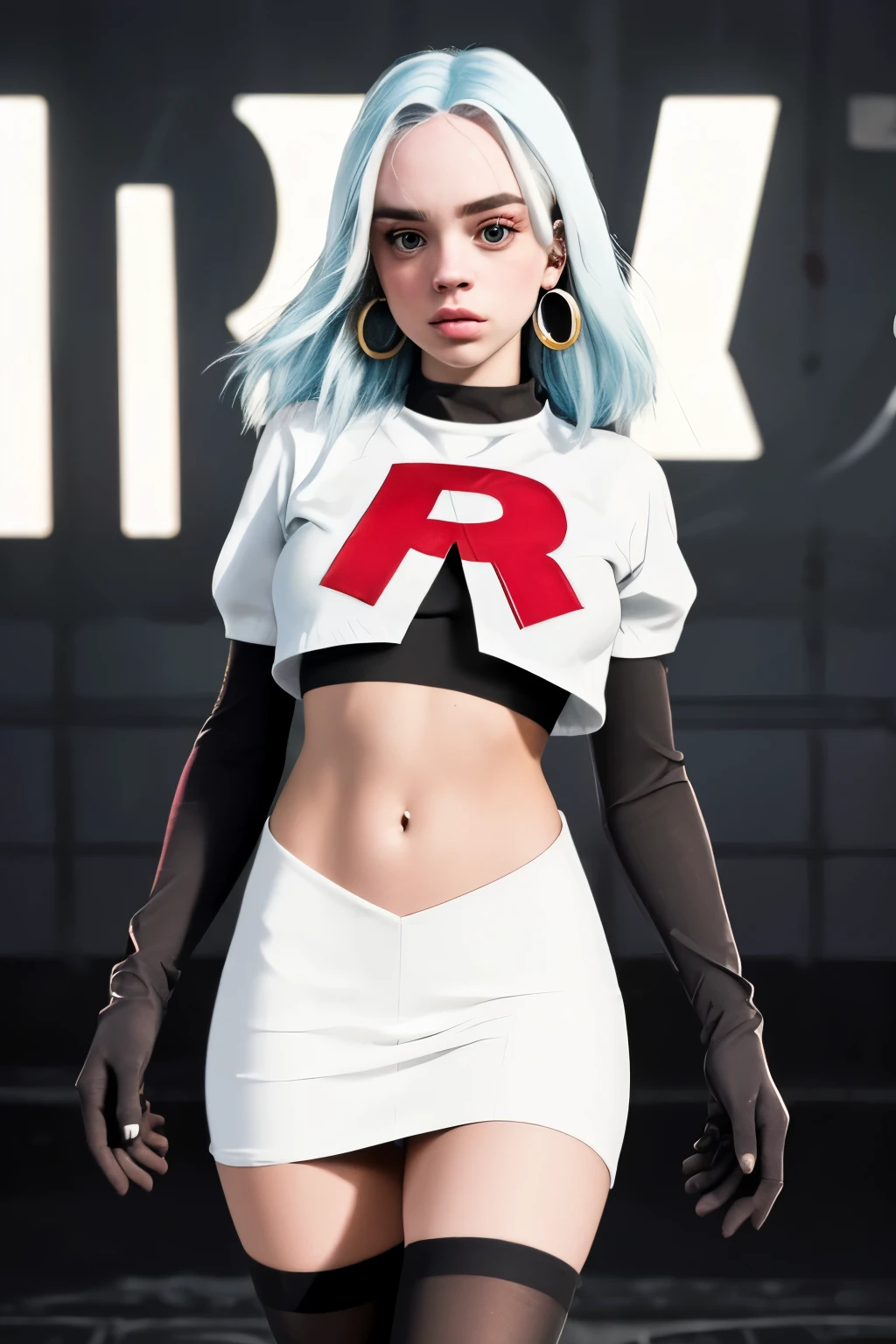 The face of billie eilish, 1girl, solo, team rocket,team rocket uniform,white skirt,red letter R,crop top,black thigh-highs,black elbow gloves, earrings, large breasts,