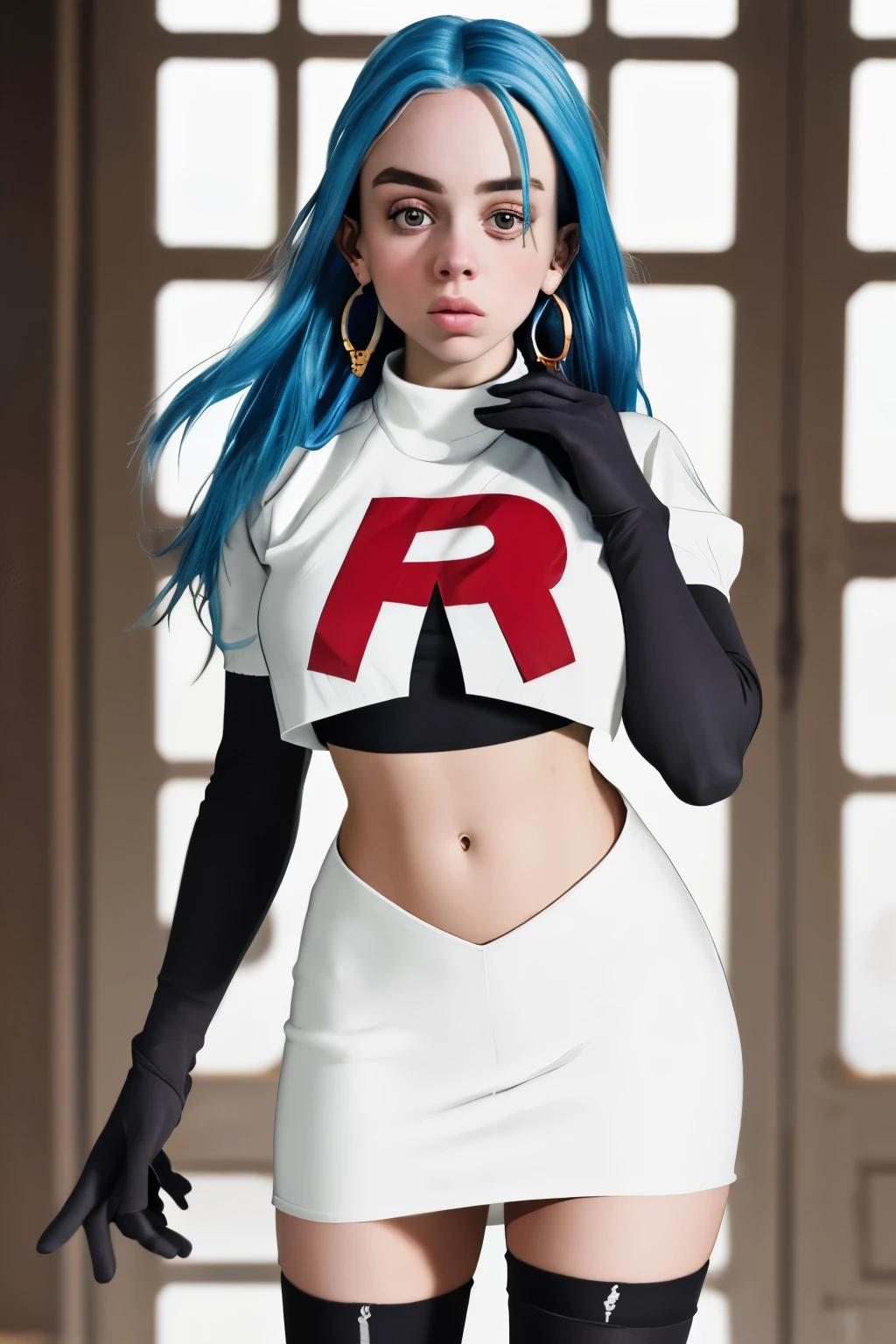 The face of billie eilish, 1girl, solo, team rocket,team rocket uniform,white skirt,red letter R,crop top,black thigh-highs,black elbow gloves, earrings, large breasts,