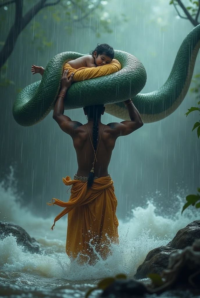 Vasudeva, carrying  Krishna in a wicker basket on his head, walks through a raging river (Yamuna) at night. The water parts gently to make way for him. The sky is dark with heavy clouds, and flashes of lightning occasionally light up the scene. A multi-headed serpent (Sheshnag) hovers above the basket, protecting Krishna from the rain. In Cinematic 3d style cartoon image 