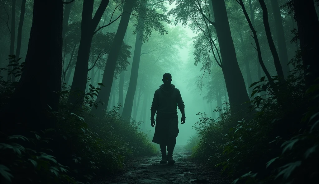 Dibakar, alone on a narrow, overgrown jungle path, surrounded by tall, ominous trees, with sinister eyes glowing from the darkness