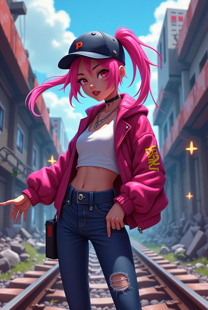 Pink Hair，Single ponytail，Peaked Cap，Hip-Hop，Collapse Star Railway style