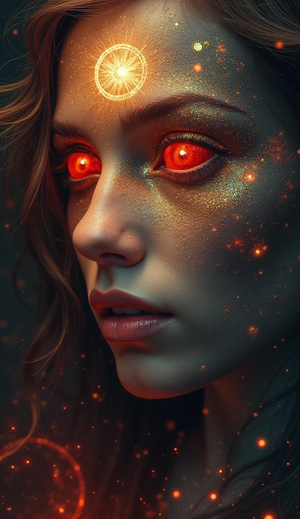 An astrological event happens
before the eyes of the goddess of
the cosmos, amazing depth
masterwork, surreal, geometric
patterns, intricately detailed
bokeh, perfect balanced, deep fine
borders, artistic photorealism , a
rough, mature image, red accents
inhabit the demons