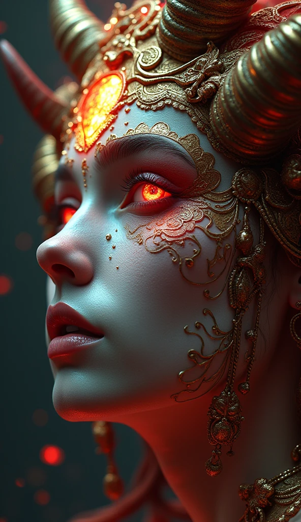 An astrological event happens
before the eyes of the goddess of
the cosmos, amazing depth
masterwork, surreal, geometric
patterns, intricately detailed
bokeh, perfect balanced, deep fine
borders, artistic photorealism , a
rough, mature image, red accents
inhabit the demons