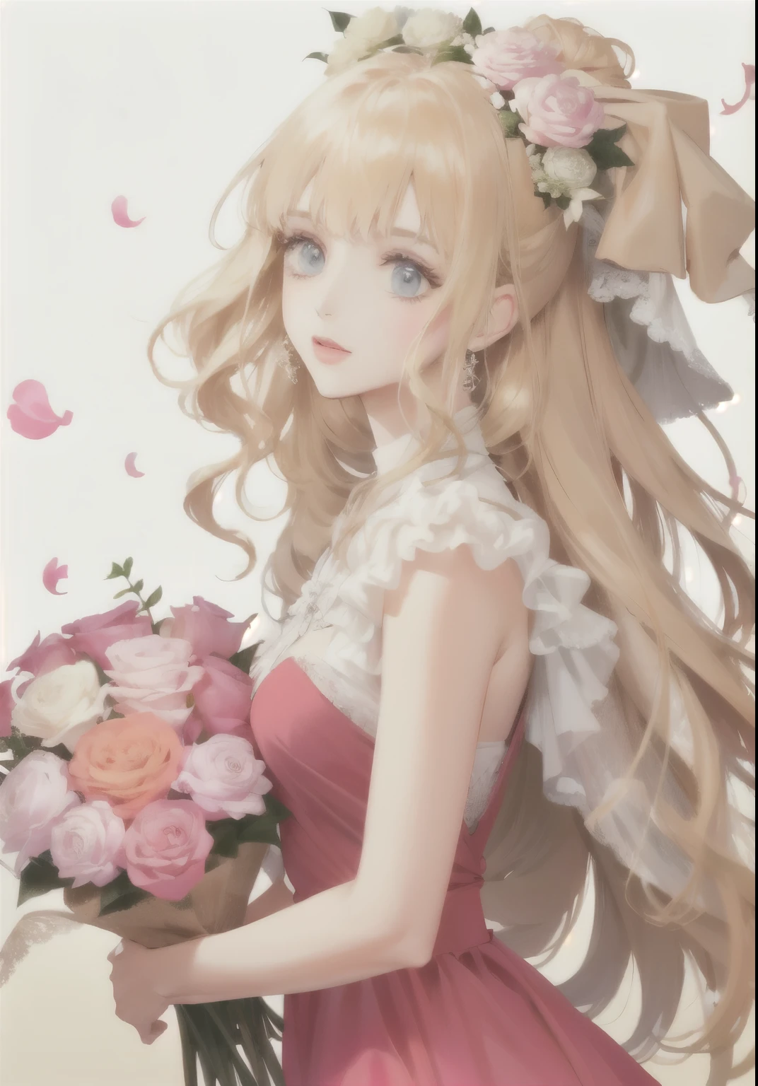 Hata, Flowers in a pink dress, Blonde, Perfect figure, Delicate facial features