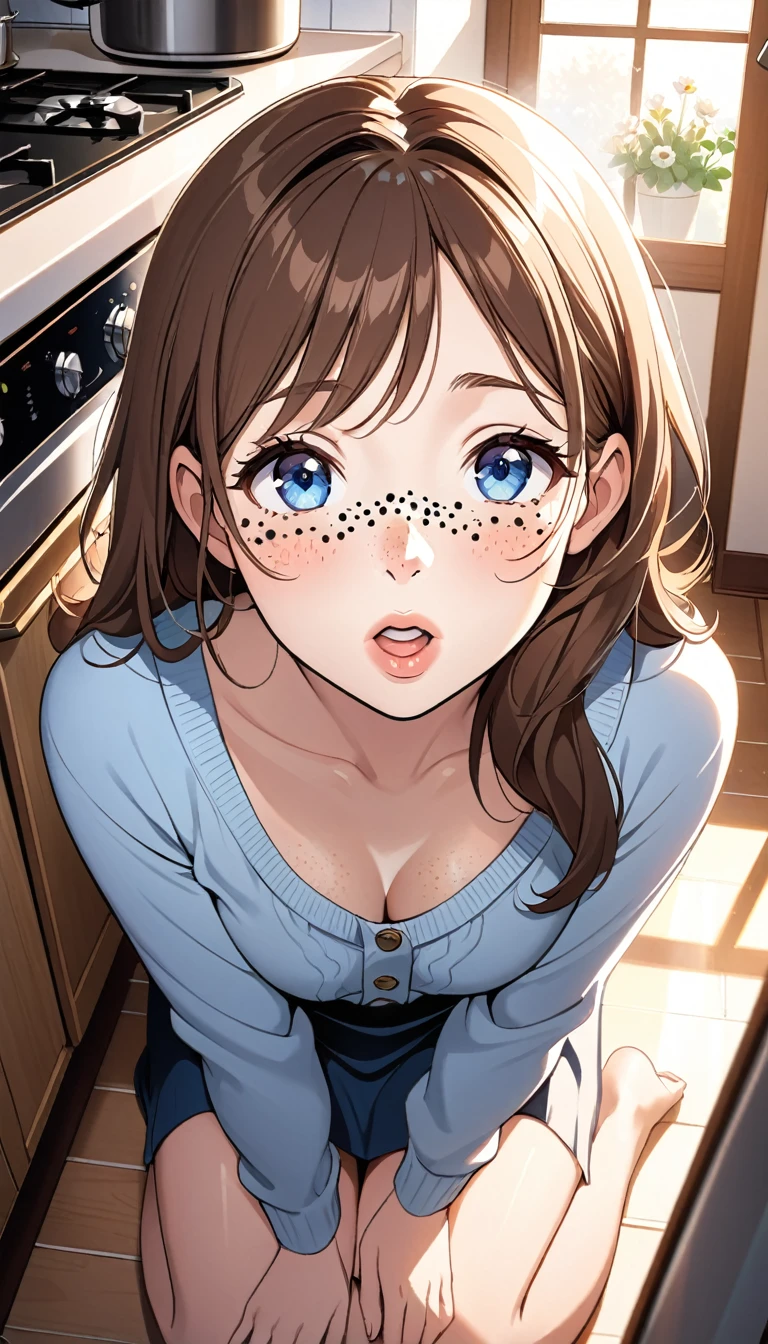 ultradetail、particles of light:0.5、off shoulder、beautiful cleavage、Are sleeping、beautiful blue eye、half open mouth、natural texture、dripping cloudy saliva、realistic skin、stick out tongue、Photograph the whole body from a bird's-eye view、wet body、Trance