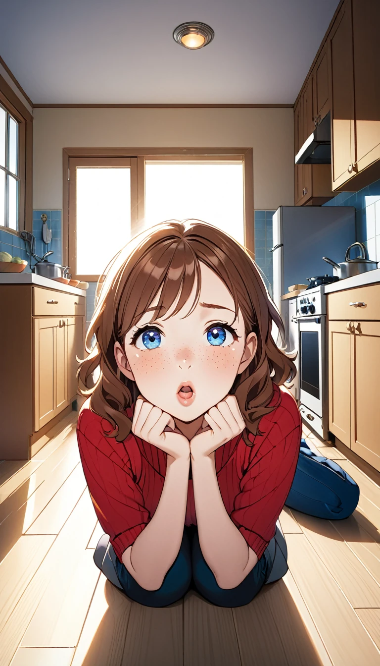 {
"A with wavy brown hair, blue eyes, fair skin, and freckles sits on the floor of a cozy kitchen, her lips still slightly swollen from giving oral pleasure. Her expression is a mix of pride and surprise as she looks up at a 3 man who is catching his breath. The camera captures a full body and front view, with soft morning light filtering through the kitchen windows, adding to the quiet aftermath of the moment."
}