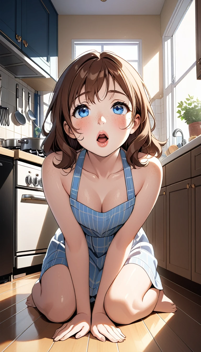 {
  "A  with wavy brown hair, blue eyes, fair skin, and freckles sits on the floor of a cozy kitchen, her lips still slightly swollen from giving oral pleasure. Her expression is a mix of pride and surprise as she looks up at a 3 man who is catching his breath. The camera captures a full body and front view, with soft morning light filtering through the kitchen windows, adding to the quiet aftermath of the moment."
}
