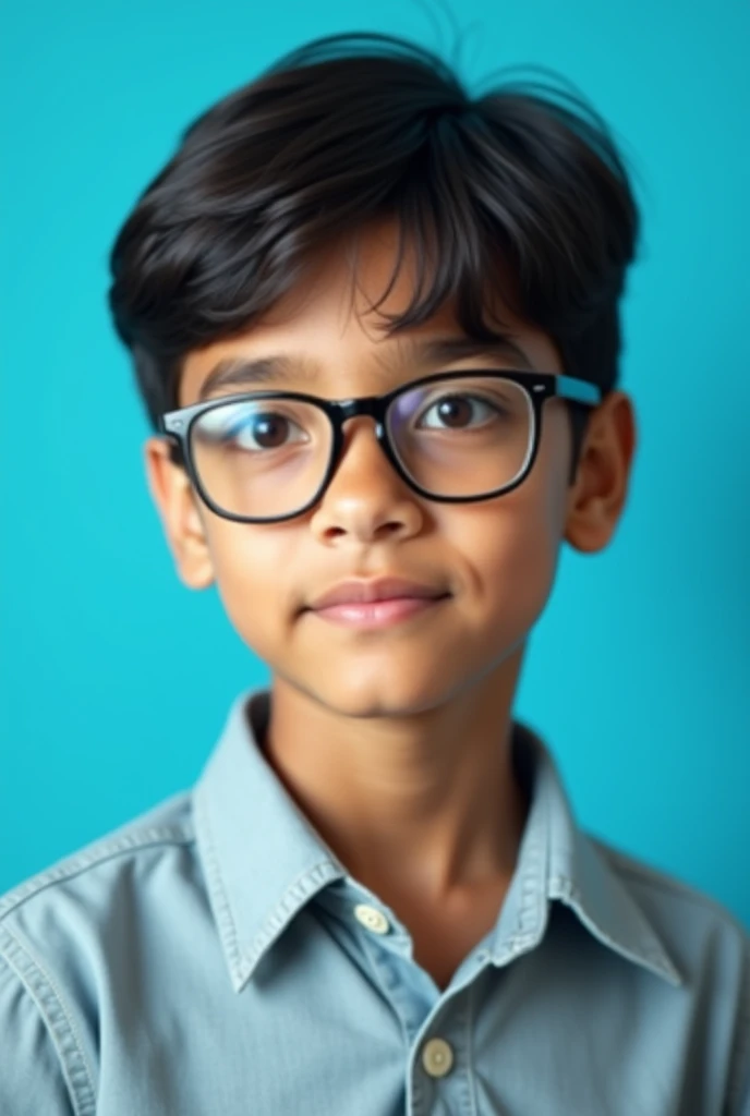 CREATE AN IMAGE OF A BOY, With glasses, FOR THE YEARBOOK PHOTOGRAPHY, AQUAMARINE BLUE BACKGROUND, with latin features
