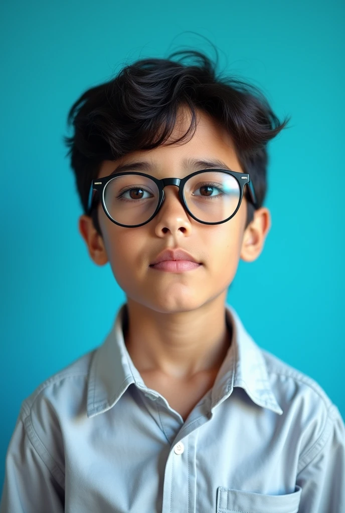 CREATE AN IMAGE OF A  BOY, With glasses, FOR THE YEARBOOK PHOTOGRAPHY, AQUAMARINE BLUE BACKGROUND, with latin features
