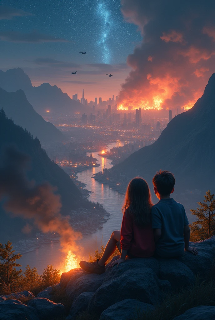 A boy and a girl ( give a close look) sitting on the extreme edge of mountain watching the destruction of the city below the city is burning and river is flowing mid the city , skyscraper burning ,helicopters moving, night sky with *meteor shower*, camp and camp fire behind , a fast flowing river. Greenary on mountain