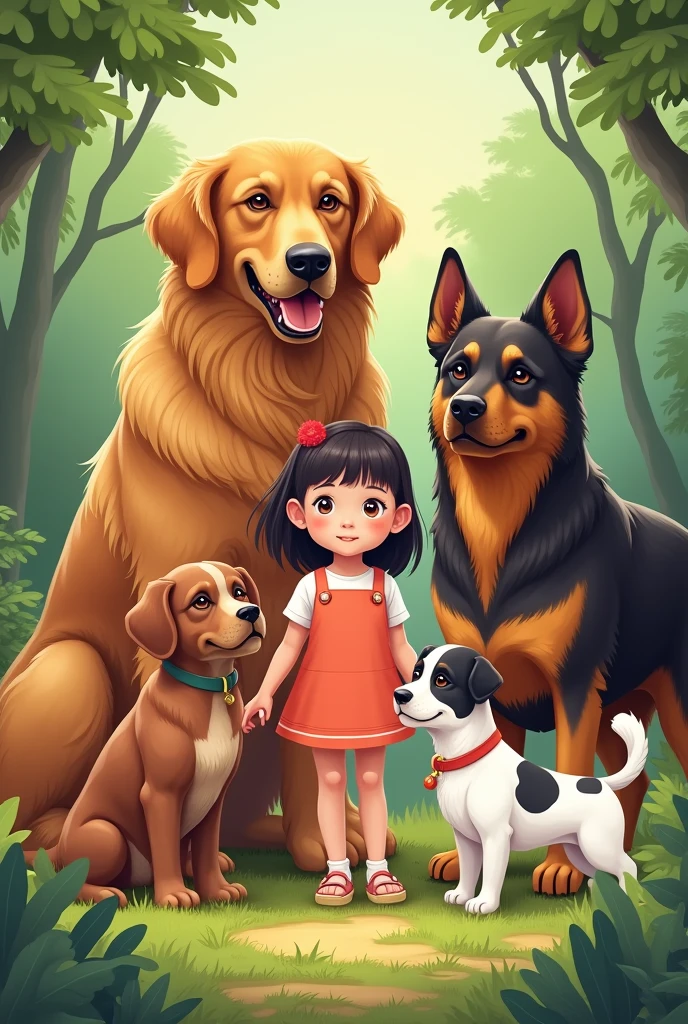 An illustration of a girl with four dogs, I will give you the order of the size of the dogs and their characteristics.
1 The largest dog is a hairy honey-colored Golden Retriever breed 2 The second dog is a little smaller than the big one and is a chocolate-colored German Shepherd 3 The third is a brown dog with a mix of brown tones, similar to a stray dog 4 The fourth dog is the smallest with Chinese fur and is white with black spots