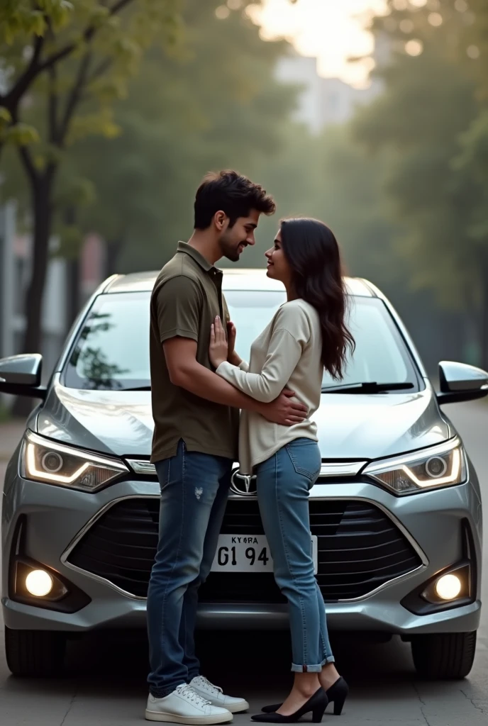 A couple in front of a grey innova crysta car with number KL 47 G 9443