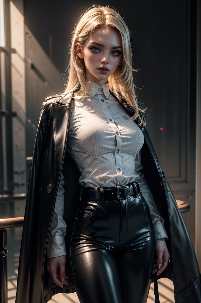 cowboy shot,a pretty 2 girl,blond hair,blue eyes,lora_Emma,slim athletic body,tight and stretched white blouse with buttons,button gap,short sleeves,pokies,ultra low rise black shiny latex pants,(double metal belt),empty studiobackground,((black coat on shoulders)),(best quality,4k,8k,highres,masterpiece:1.2),ultra-detailed,(realistic,photorealistic,photo-realistic:1.37),dramatic lighting,cinematic,fashion photography,studio lighting,high contrast,vivid colors,beautiful detailed eyes,beautiful detailed lips,extremely detailed eyes and face,long eyelashes, touching hair