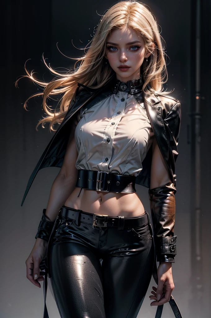 cowboy shot,a pretty 2 girl,blond hair,blue eyes,lora_Emma,slim athletic body,tight and stretched white blouse with buttons,button gap,short sleeves,pokies,ultra low rise black shiny latex pants,(double metal belt),empty studiobackground,((black coat on shoulders)),(best quality,4k,8k,highres,masterpiece:1.2),ultra-detailed,(realistic,photorealistic,photo-realistic:1.37),dramatic lighting,cinematic,fashion photography,studio lighting,high contrast,vivid colors,beautiful detailed eyes,beautiful detailed lips,extremely detailed eyes and face,long eyelashes, touching hair