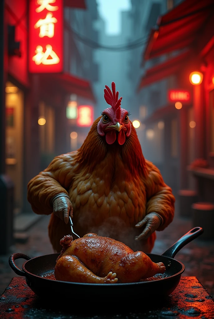 A hen cooking chicken roasted in red light area