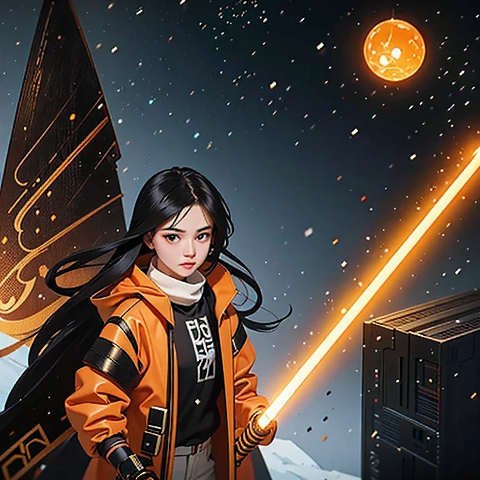 Black gold silk cyberpunk mine snow light orange rough linen cloak Trump lightsaber space floating 1:6 Miniatures，illustration