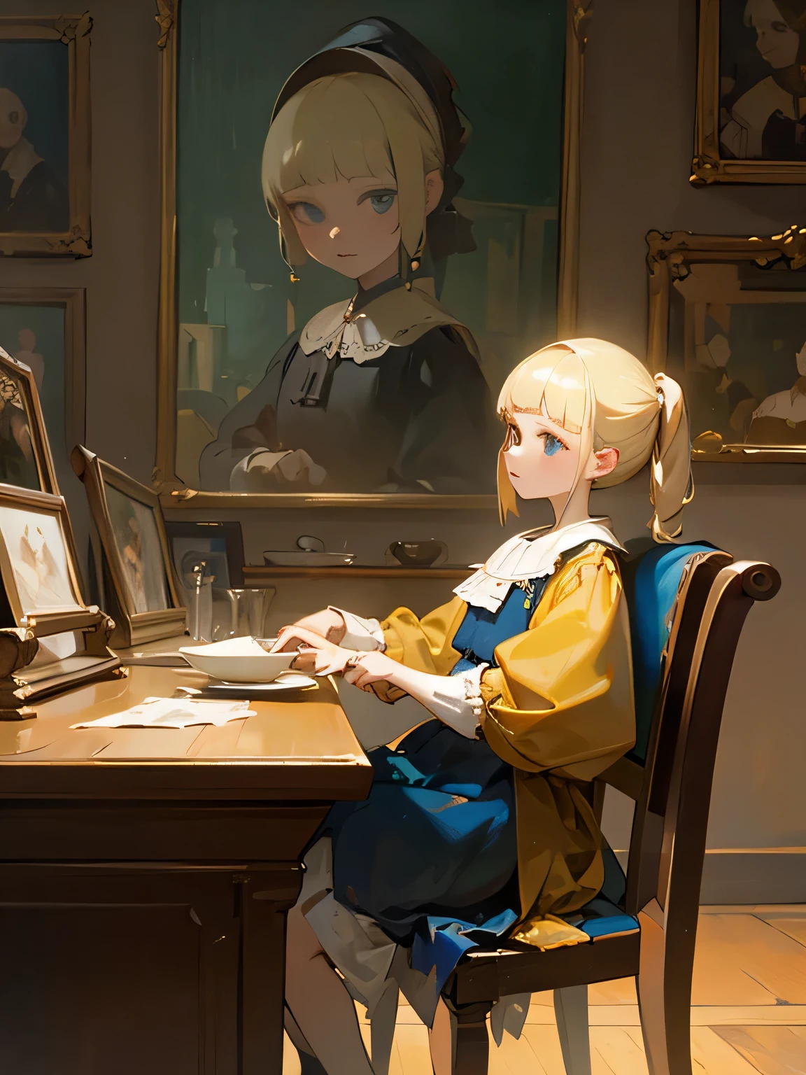 Tabletop, girl,World Masterpiece Theatre, Ride Blonde Hair, Adult Lady, shape, Looking at the audience, Material, canvas, Oil, Vermeer Artist ,