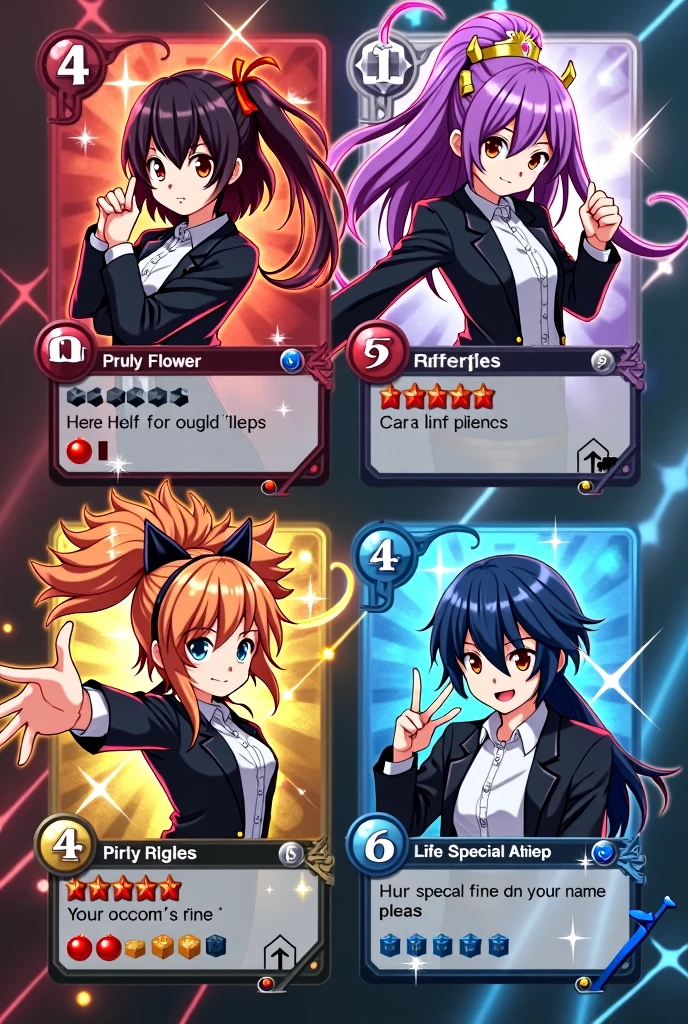 Create an image containing four cards for an anime card game. Each letter must have the following layout:
Character Image: In the center of each card, include a detailed and colorful illustration of an anime character. The character must have a striking look and be in a dynamic pose., with a realistic and vibrant art style.
Character's Name: Put the character's name at the top of the card, using a stylized font that matches the anime theme.
stats:
Attack: Add a box or icon in the top left corner to indicate the attack value.
defense: Place a box or icon in the lower left corner for the defense value.
life: Insert a box or icon in the bottom right corner for the life value.
Special ability:
Skill Name: Reserve a section in the top right corner for the name of the special ability.
Skill description: Below the skill name, include space for a brief description of the skill.
Design and Style: The overall layout of the cards should have a stylized cartoon look., with edges, icons and fonts that avoid modern design or typical patterns of other games. Use vibrant colors and graphic elements that complement the character art, creating a unique and engaging aesthetic reminiscent of anime style, without following contemporary conventions.
Composition: Arrange the four cards so that each one is clearly visible and distinct in the image., ensuring an attractive and functional composition for an anime card game.