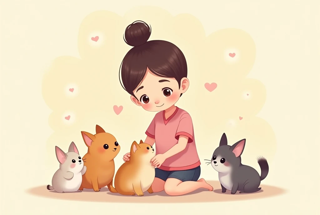 Cartoon image of a playing with small animals, cartoon, cute cartoon, cute cartoon style, maternal love, cute illustration, clean anime art