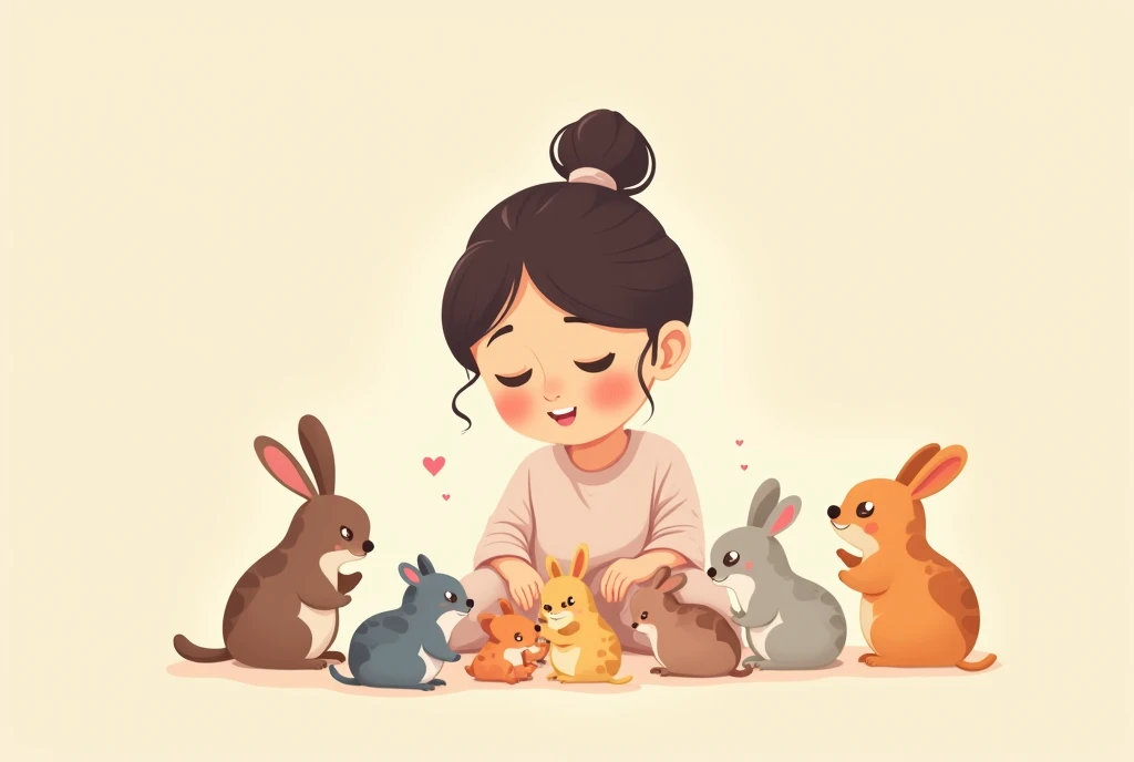 Cartoon image of a  playing with small animals, cartoon, cute cartoon, cute cartoon style, maternal love, cute illustration, clean anime art