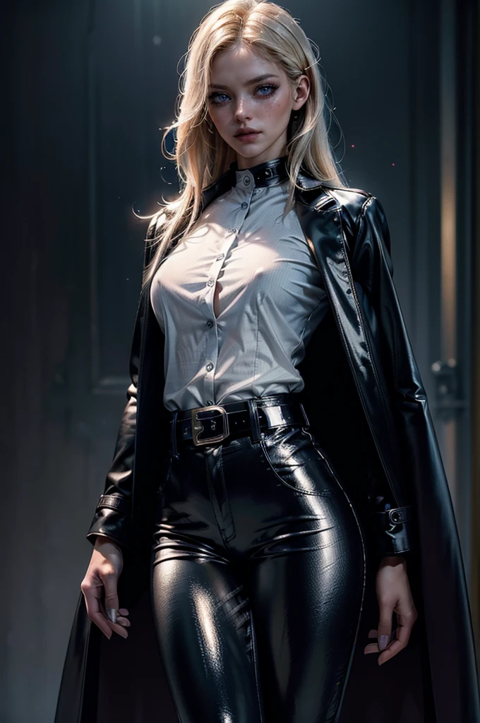 cowboy shot,a pretty 2 girl,blond hair,blue eyes,lora_Emma,slim athletic body,tight and stretched white blouse with buttons,button gap,short sleeves,pokies,ultra low rise black shiny latex pants,(double metal belt),empty studiobackground,((black coat on shoulders)),(best quality,4k,8k,highres,masterpiece:1.2),ultra-detailed,(realistic,photorealistic,photo-realistic:1.37),dramatic lighting,cinematic,fashion photography,studio lighting,high contrast,vivid colors,beautiful detailed eyes,beautiful detailed lips,extremely detailed eyes and face,long eyelashes, touching hair