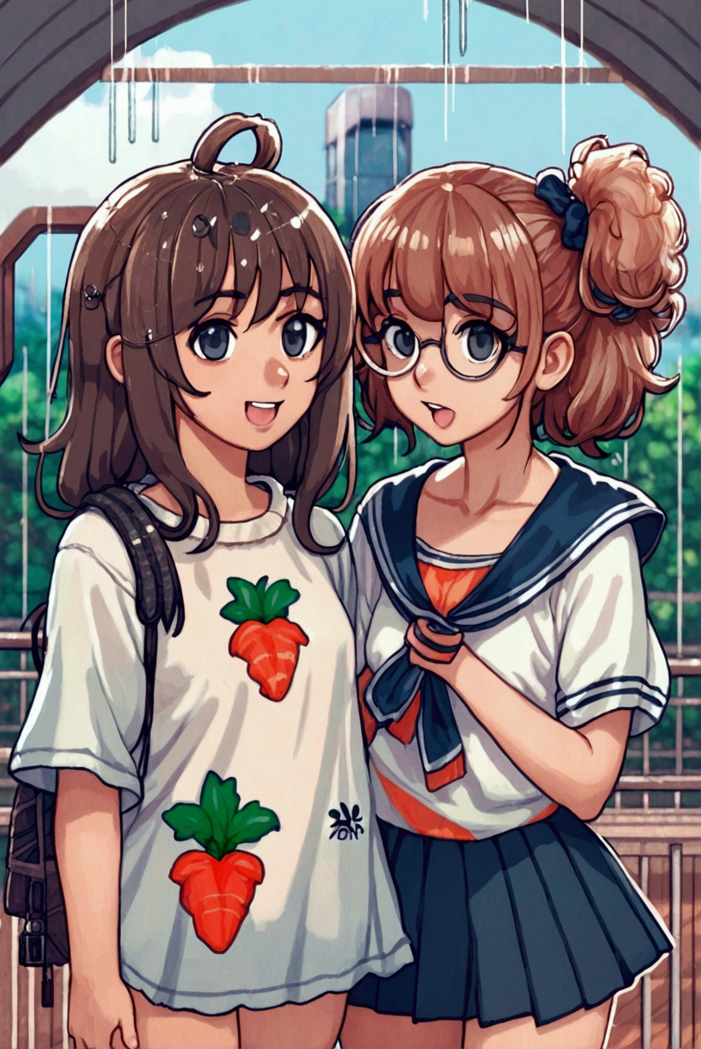 2 anime girls wearing clothes stand in the rain, Cute art style, Cute anime style, kawaii realistic portrait, Cute, fleet collection style, in anime style, anime art style, Two beautiful anime girls, in an anime style,anime style. 8k, Anime cute art style, Lofi Art, semirealistic anime style，Clothes get wet。transparent，holding hands，stare at each other，NSFW
