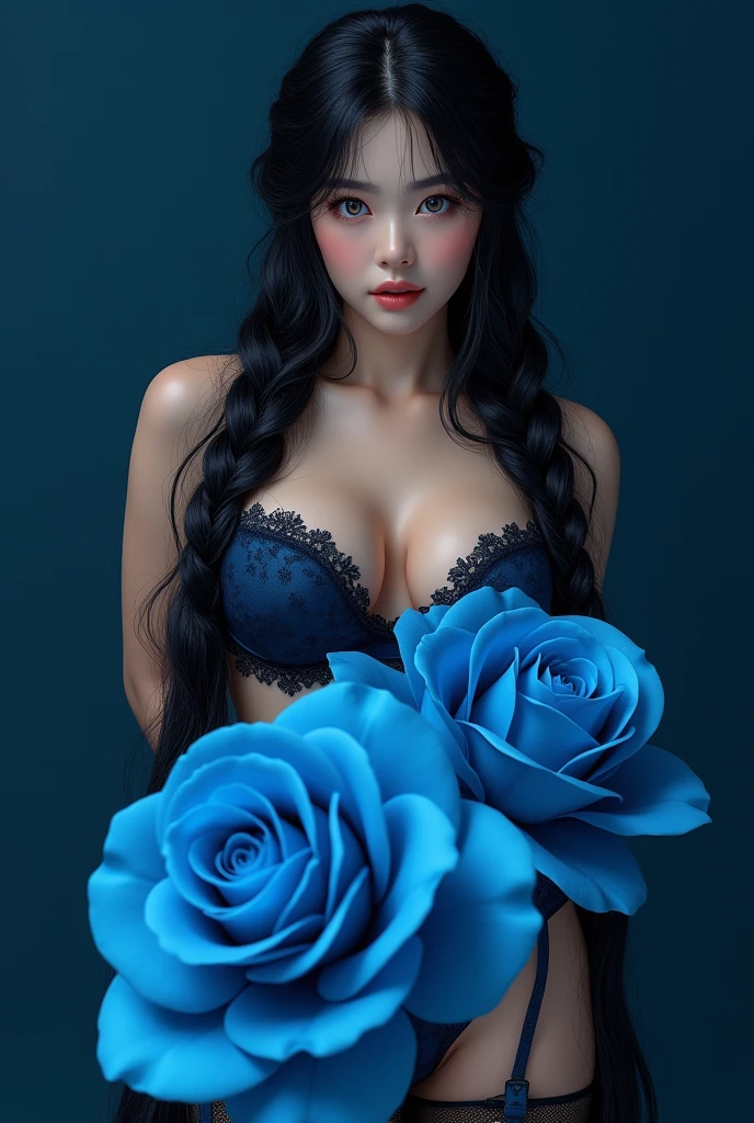 korean girl, long black hair, Long braids, blue eyes, big bust, thick thighs, Thigh High, split, Blue panties, ((monochromatic color palette)), ((Dark blue background)), ((((big blue rose)))), elegant, elegant, popular, Best Face, ((realistic)), ((Cuteness explosion)), ((arms back)), (((thin))), (glowing skin), ((Beloved)), (playful), ((looking at viewer)), ((arms back)), (best quality,4K,8k,mackerel,masterpiece:1.2),very detailed,(realistic,photorealistic,photo-realistic:1.37),detailed portrait of a korean girl with Best Face features,Perfect detailed facial features,beautiful eyes,nose,and lips,long eyelashes, soft lighting, official art, Unity 8k Wallpaper, very detailed, beautiful and aesthetic, masterpiece, best quality, (tangled, mandala, tangle, get caught in), (fractal art:1.3),