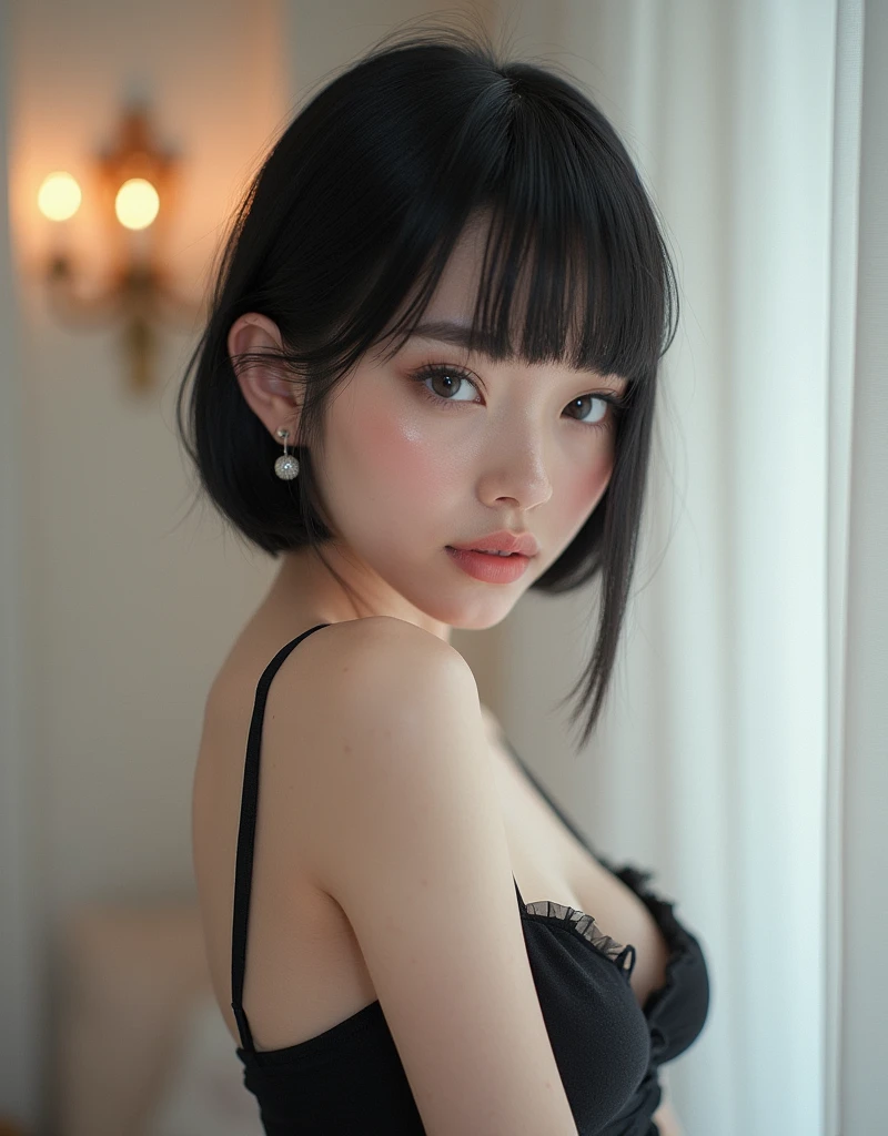 RAW photo, best quality, masterpiece, photorealistic, Polish girl, 20 years old, black hair, Light grey eyes, short bob cut, hair in 7 thirds, hair over one ear, Symmetrical eyes, pale skin, Big Breasts, rip gloss, Gel Nails, Accessories, various poses, s