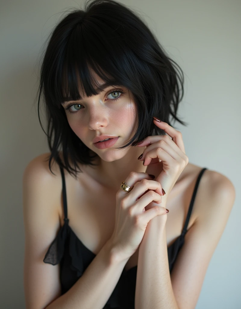 RAW photo, best quality, masterpiece, photorealistic, Polish girl, 20 years old, black hair, Light grey eyes, short bob cut, hair in 7 thirds, hair over one ear, Symmetrical eyes, pale skin, Big Breasts, rip gloss, Gel Nails, Accessories, various poses, s