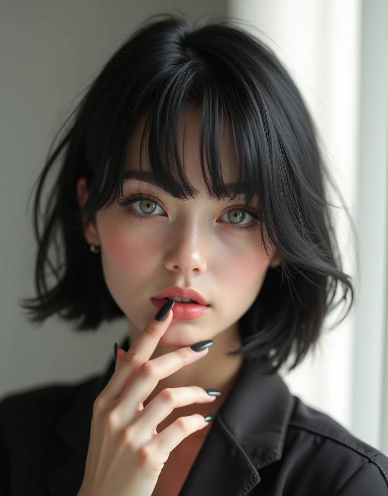 RAW photo, best quality, masterpiece, photorealistic, Polish girl, 20 years old, black hair, Light grey eyes, short bob cut, hair in 7 thirds, hair over one ear, Symmetrical eyes, pale skin, Big Breasts, rip gloss, Gel Nails, Accessories, various poses, s