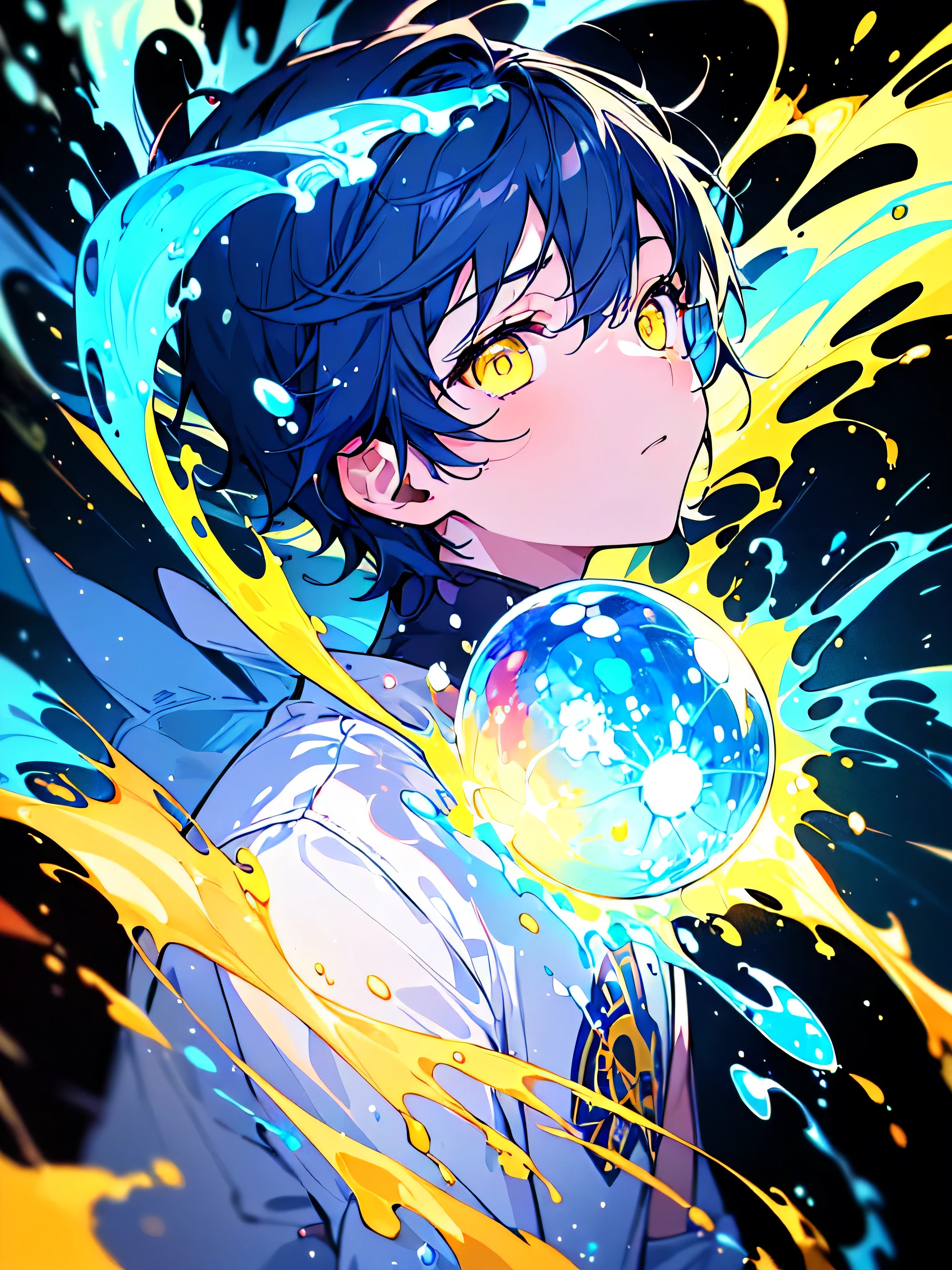 [(BLACK BACKGROUND:1.5),::5], ((((masterpiece)))), high quality, very_high_resolution, large_filesize, upper body, full color, ((younger boy)), 13 old year, short deepblue hair, vivid color, ((yellow eye)), Summer clothes white, animestyle, (NeonSoda Splash effect:1.3)