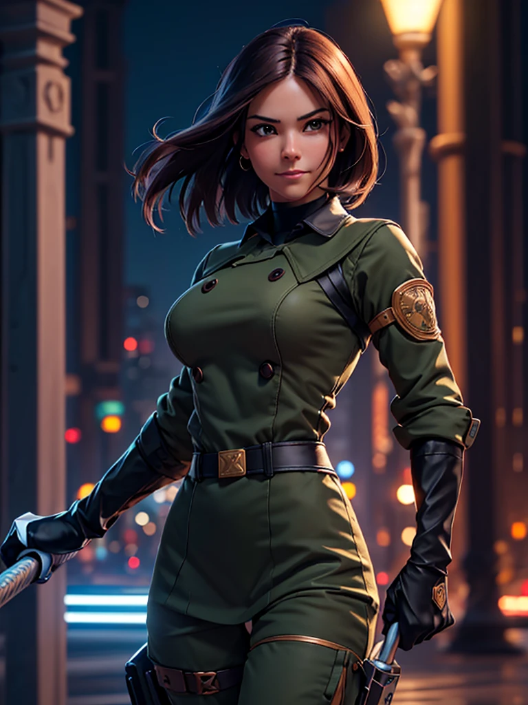 (at night), in a video game scene in the background of a beautiful city at night, raining, alone, standing looking straight ahead, a green woman's military suit, black gloves, semi-short hair, ((hair semi short)), 1 girl, 30 years old, young woman, perfect hands, Beautiful fingers, Beautiful long legs, Beautiful body, Beautiful nose, Beautiful character design, perfect face, looking straight at the viewer with a serious and annoyed gesture, brings grabbed a whip in his hand (focusing on his face), closed mouth, light_smile, official art, Extremely detailed CG unity 8k wallpaper, Perfect lighting, bright and colorful front lighting, glowing skin (masterpiece: 1.0), (Best_quality :1.0), ultra high resolution, 4k, ultra detailed photography, 8K, hdr, high resolution, nonsense:1.2, Kodak portrait 400, film grain, blurred background, bokeh:1.2, lens flare, (vibrant_color:1.2) , professional photography, (Beautiful, breasts: 1.4), (Beautiful_face: 1.5), (narrow waist),
